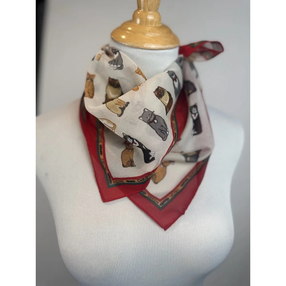 Vtg Christmas Cat Meow‎ Neck Scarf Polyester Santa Hats Korea 20